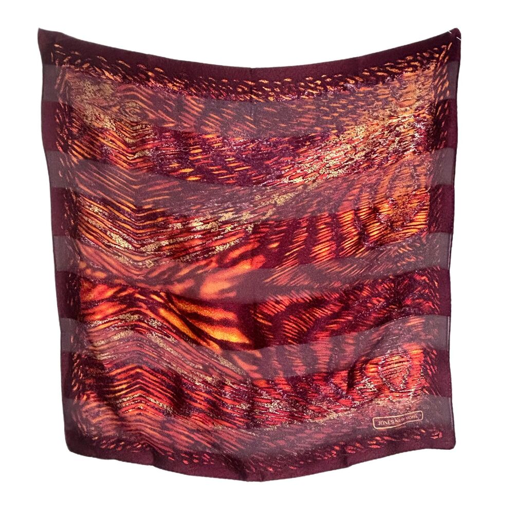 Jones New York Silk Scarf Burgundy Orange Brown Abstract Sheer Stripes